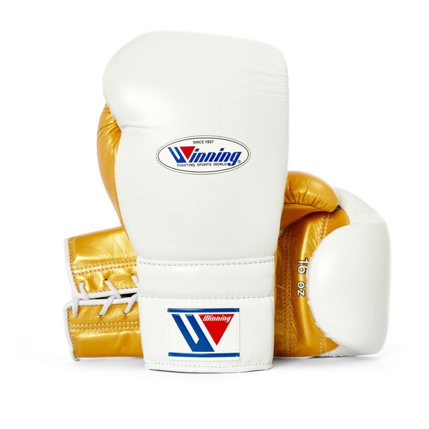 Winning boxing gloves 14oz Lace up and Velcro White Gold